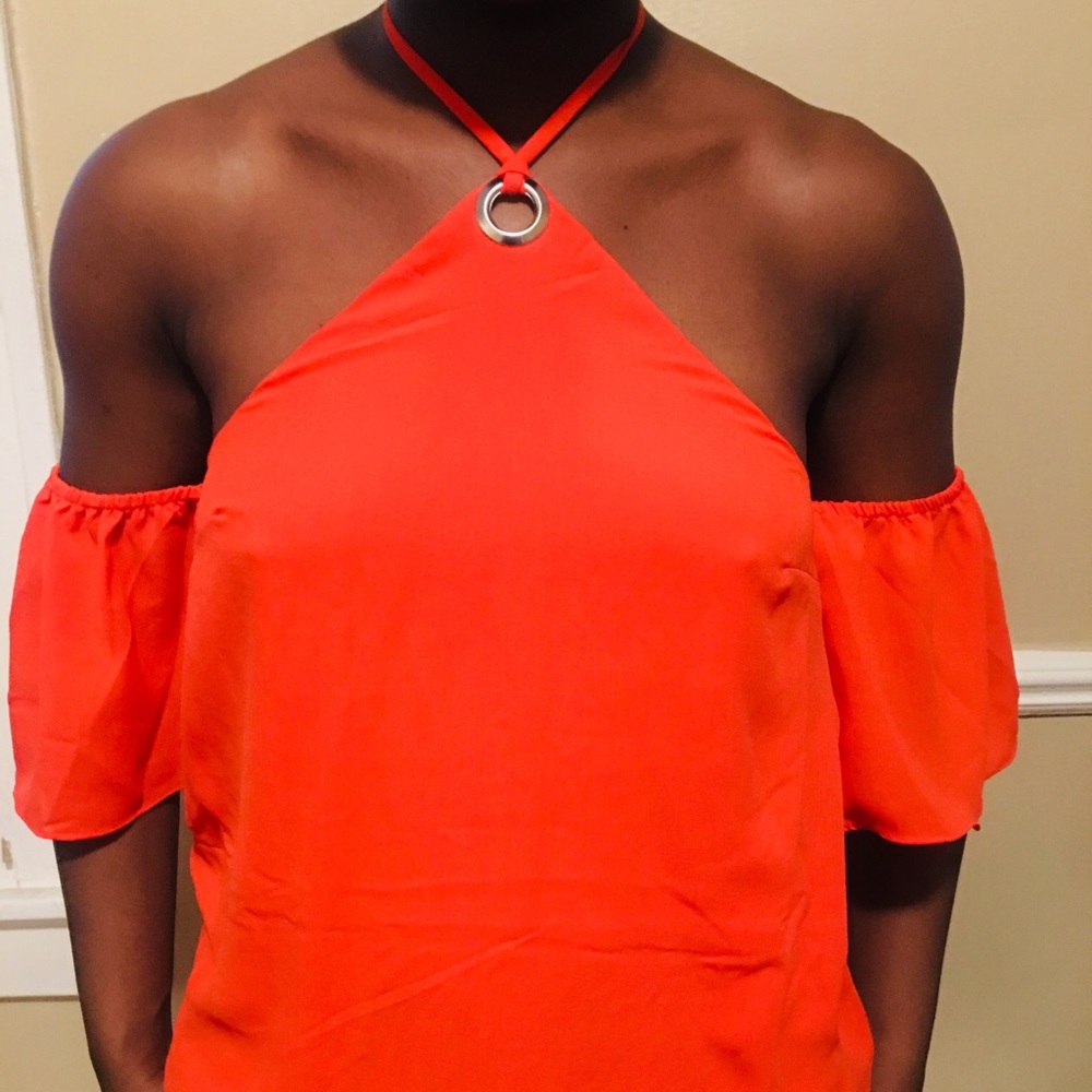 Off the shoulder red sheer tie up blouse